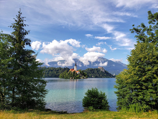 Picture of the Assumption of Maria Church on Lake Bled Slovenia sustainable tourism by author Stephanie Gerson