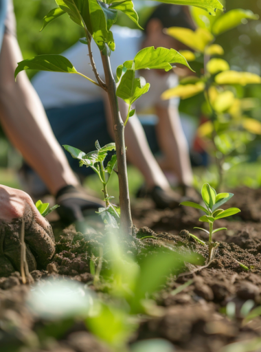 A community coming together to plant trees in a park, promoting environmental stewardship and sustainability in urban greening projects.